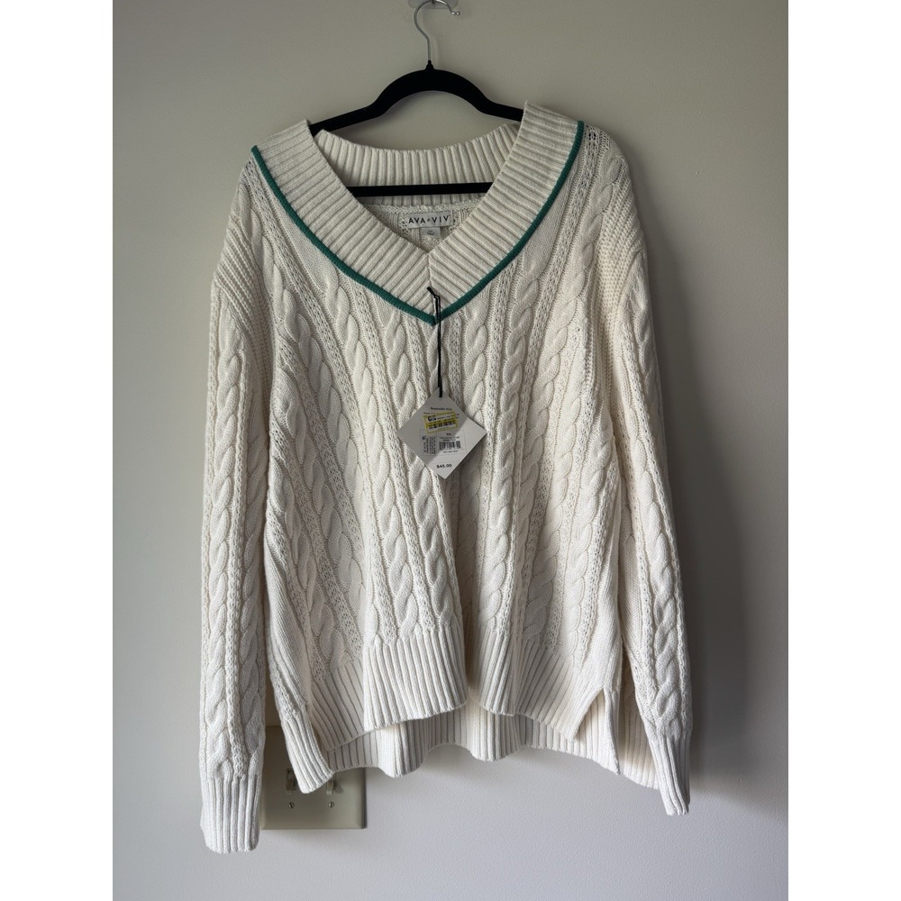 NWT Ava & Viv Cream Cable Knit V-Neck Cricket Sweater Preppy Cozy Varsity XXL